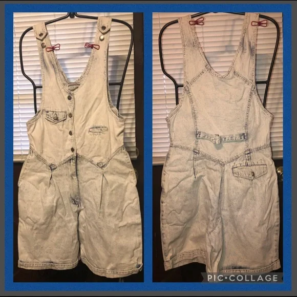 VINTAGE 1980’s OVERALL DISTRESSED PINSTRIPE DENIM SHORTALLS - Picture 1 of 16